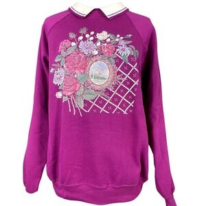 Vintage 80s Purple Sweatshirt (XL) CRACKER BARREL Floral Grandma Prairie Cottage